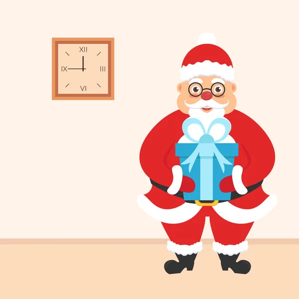 Illustration de Noël L'intérieur de la pièce. Père Noël avec cadeau à la main et une horloge murale . — Image vectorielle