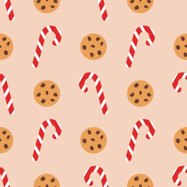 Sorunsuz arka plan. Çikolata ve şeker ile lezzetli yulaf ezmeli kurabiye. Vektör.