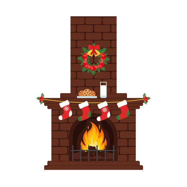 在姹紫嫣红的卡通平面样式的圣诞壁炉。牛奶和蛋糕，丝袜。矢量。圣诞快乐新年快乐. — 图库矢量图片