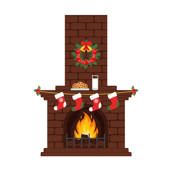 Christmas fireplace in colorful cartoon flat style. Milk and cakes, stockings. Vector. Merry Christmas and happy New year. Stock Illustration