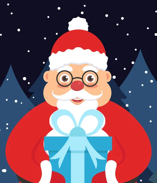 Carte de vœux illustration vacances pour le nouvel an ou Noël. Père Noël dans la nuit dans les mains avec un cadeau. Vecteur — Image vectorielle
