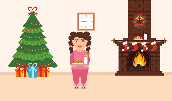 部屋の設計がお祭り。れんが造りの暖炉、クリスマス リース、ミルクと女の子のギフト、お祝いの装飾が施されたツリーかわいいサンタのクッキー。陽気なクリスマスと幸福な新しい年。フラット スタイルのベクトル. — ストックベクタ