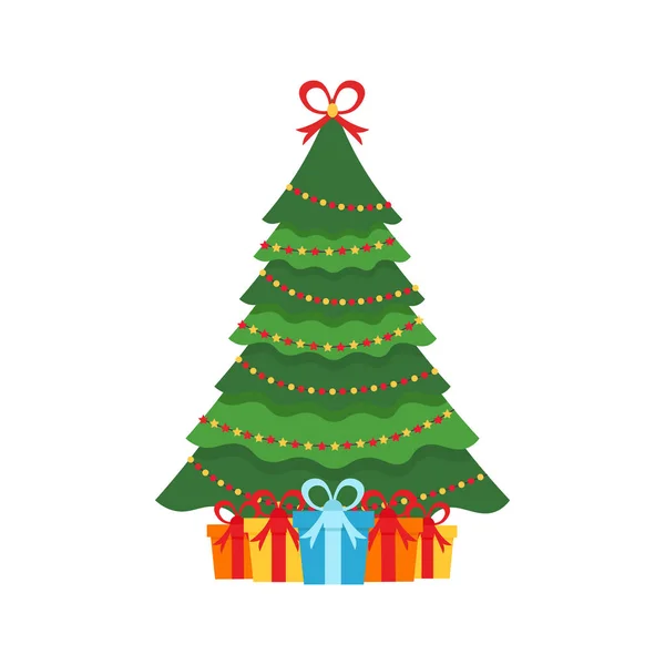 美丽优雅的绿色圣诞树。多色的花环。丰富多彩的礼物。在白色背景上的矢量图。现代平面设计. — 图库矢量图片
