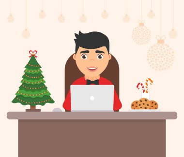 İşyeri ofis neşeli Noel ve mutlu yeni yıl dekore edilmiştir. Sevimli karakter erkekler, tatil ağaç. Kutlama düz vektör çizim.