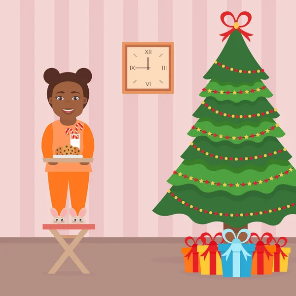 Jolie belle fille africaine enfant debout sur une chaise près de l'arbre de Noël. Intérieur de la pièce en style plat vectoriel. Illustration vectorielle de Noël . — Image vectorielle
