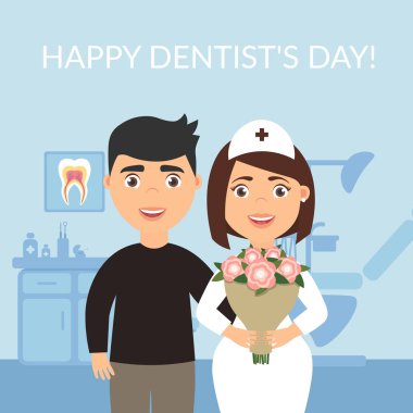Happy Dentists Day. Dental clinic. Holiday greeting card medical titles.The patient thanked the dentist and gave the doctor a bouquet of flowers. Vector modern flat style. clipart