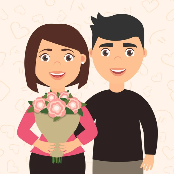 Coppia romantica uomo e donna. Ragazza che tiene in mano un mazzo di fiori. Il fidanzato abbraccia la sua ragazza. Carino bel personaggio in stile cartone animato. Vector .Happy Giornata internazionale delle donne . — Vettoriale Stock