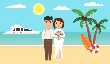 Yaz arka plan, günbatımı plaj. Deniz, yatlar, palmiye ağaçları ve yeni evli çift. Okyanus tarafından düğün töreni. Modern düz tasarım. Vektör çizim.