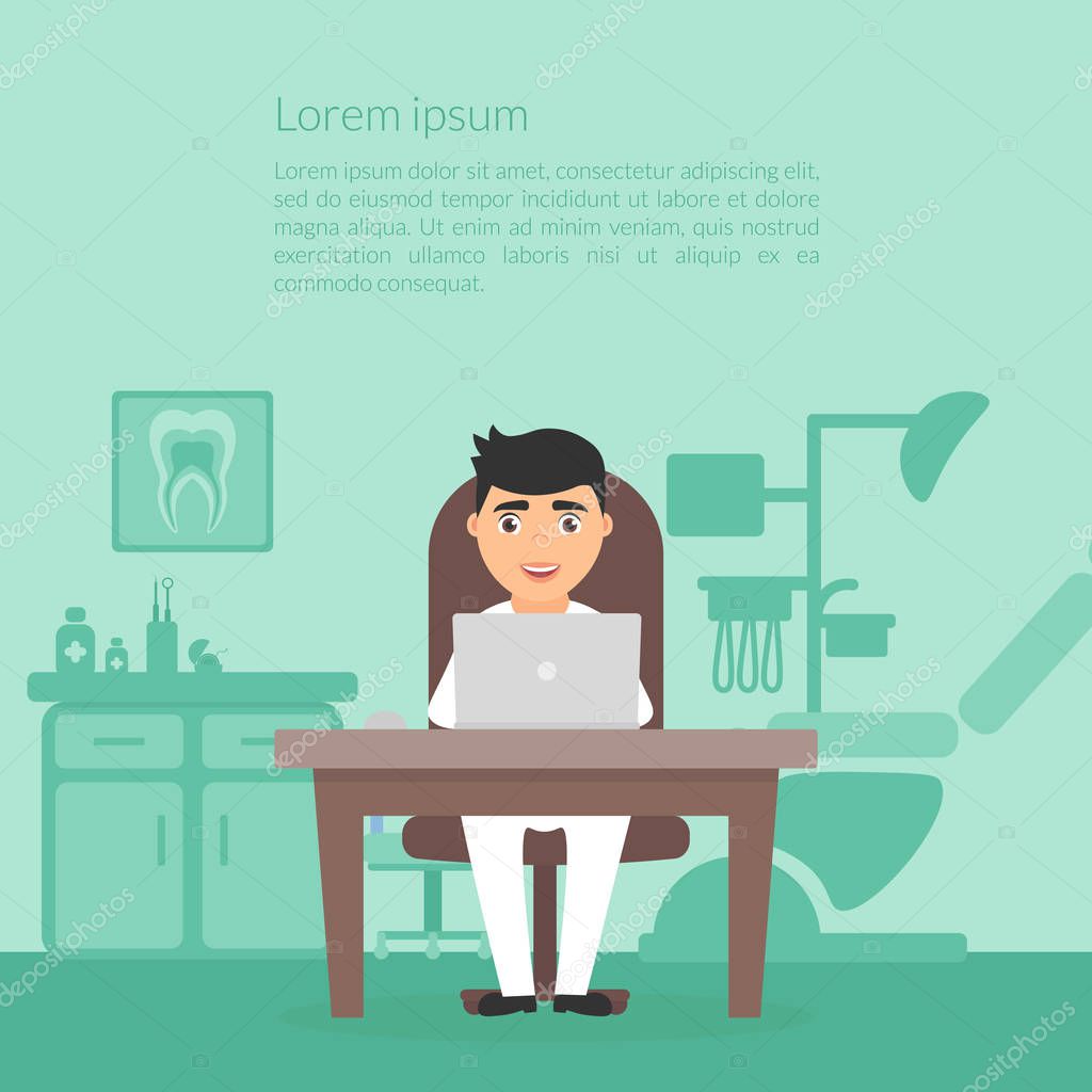 Dentistry clinic. Cute cartoon character doctor dentist. Dental office