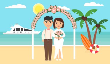 Yaz arka plan, günbatımı plaj. Deniz, yatlar, palmiye ağaçları ve yeni evli çift. Çiçek arch. Okyanus tarafından düğün töreni. Modern düz tasarım. Vektör çizim.