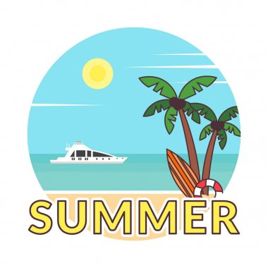 Yaz arka plan - günbatımı plaj. Etiket modern düz tasarım. Deniz, yat ve bir palmiye ağacı. Vektör çizim.
