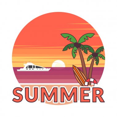 Etiket modern düz tasarım. Ufukta iniyor günbatımı güneştir. Yaz arka plan - günbatımı plaj. Deniz, yat ve bir palmiye ağacı. Vektör çizim.