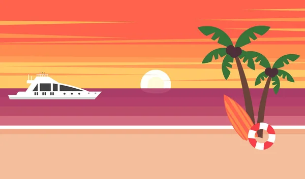Fundo de verão - praia do por do sol. O sol que se põe sobre o horizonte é por do sol. Mar, iate e palmeira. Ilustração vetorial. Design plano moderno . — Vetor de Stock