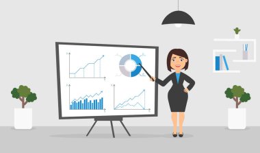 Oda ofis. İş kadını veya Yöneticisi üzerinde çalışma. Grafikler ve stand. Sevimli karakter. Düz tasarım. Vektör çizim.