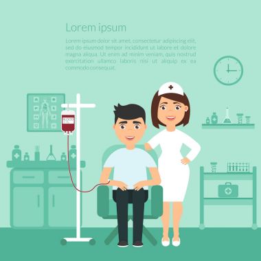 Tıp. Tıbbi afiş. Sağlık. Bir hemşire ya da doktor klinik ve donör hasta. Düz tasarım.