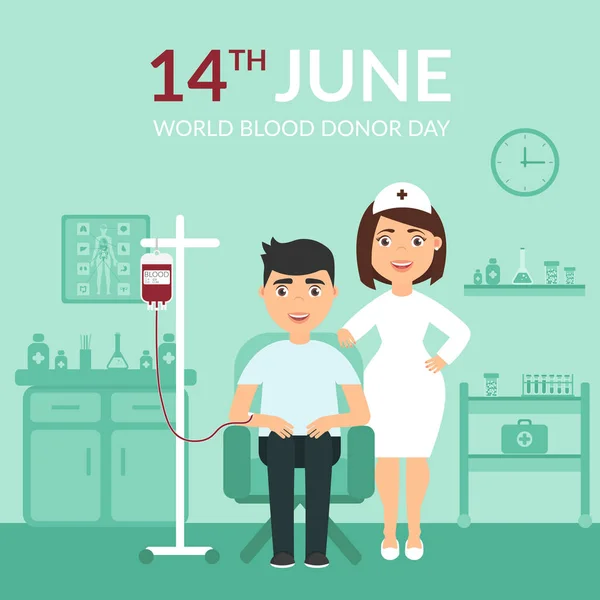 Día Mundial del Donante de Sangre. Medicina. Banner médico. Salud. Enfermera o médico en la clínica y el paciente. Diseño plano . — Vector de stock
