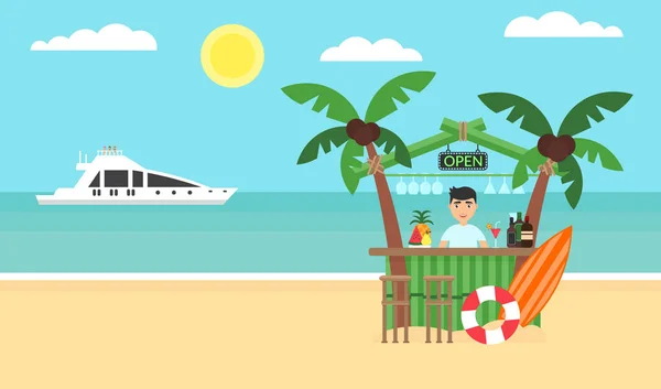 Fondo de verano - playa puesta de sol. Mar, yate, bar y una palmera. Diseño plano moderno. Ilustración vectorial . — Vector de stock