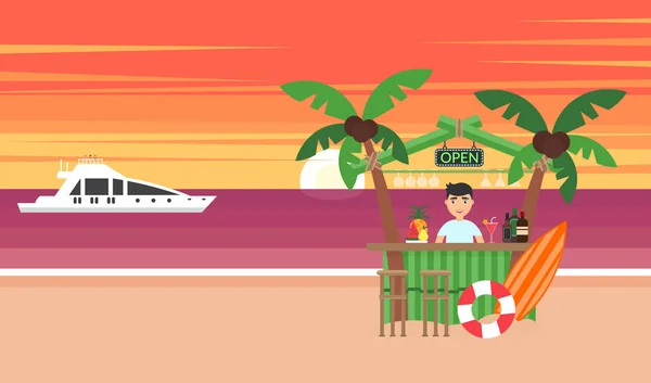 Yaz arka plan - günbatımı plaj. Okyanus tatil. Ufukta iniyor günbatımı güneştir. Deniz, yat, bar ve bir palmiye ağacı. Vektör çizim. Modern düz tasarım. Vektör Grafikler