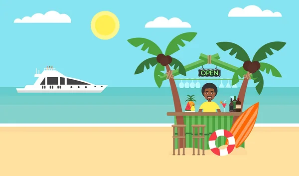 Fondo de verano - playa puesta de sol. Mar, yate y una palmera. Hombre africano. Diseño plano moderno. Ilustración vectorial . — Vector de stock