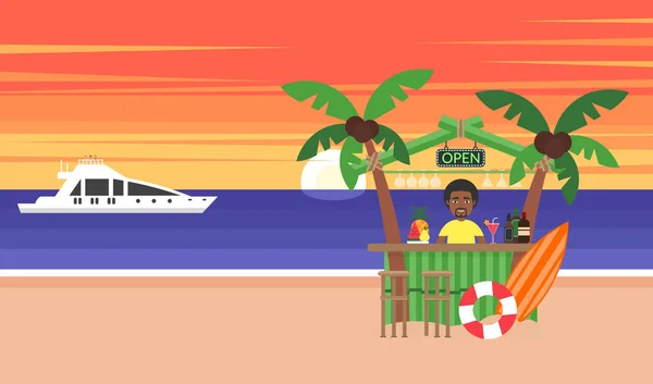 Με φόντο το καλοκαίρι - sunset beach. Διακοπές σε ωκεανό. Τον ήλιο να δύει στον ορίζοντα είναι το ηλιοβασίλεμα. Αφρικανική άνθρωπος. Θάλασσα, σκάφος, μπαρ και ένα φοίνικα. Εικονογράφηση διάνυσμα. Μοντέρνα επίπεδη σχεδίαση. — Διανυσματικό Αρχείο