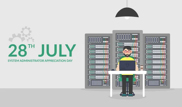 28 Julio Día de Apreciación del Administrador del Sistema. Ilustración vectorial en estilo plano. Descripciones del soporte de mantenimiento del servidor de tecnologías . — Archivo Imágenes Vectoriales