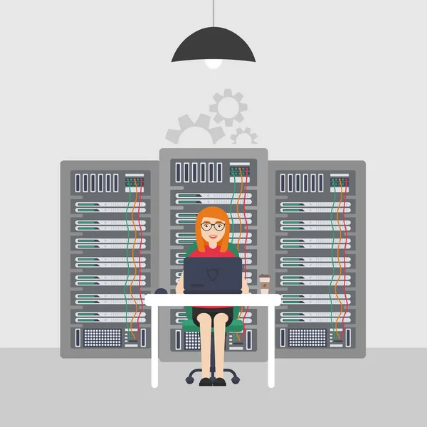 Administrator systemu kobieta. Technologii Server Maintenance wsparcie opisy. Ilustracja wektorowa w płaski. — Wektor stockowy