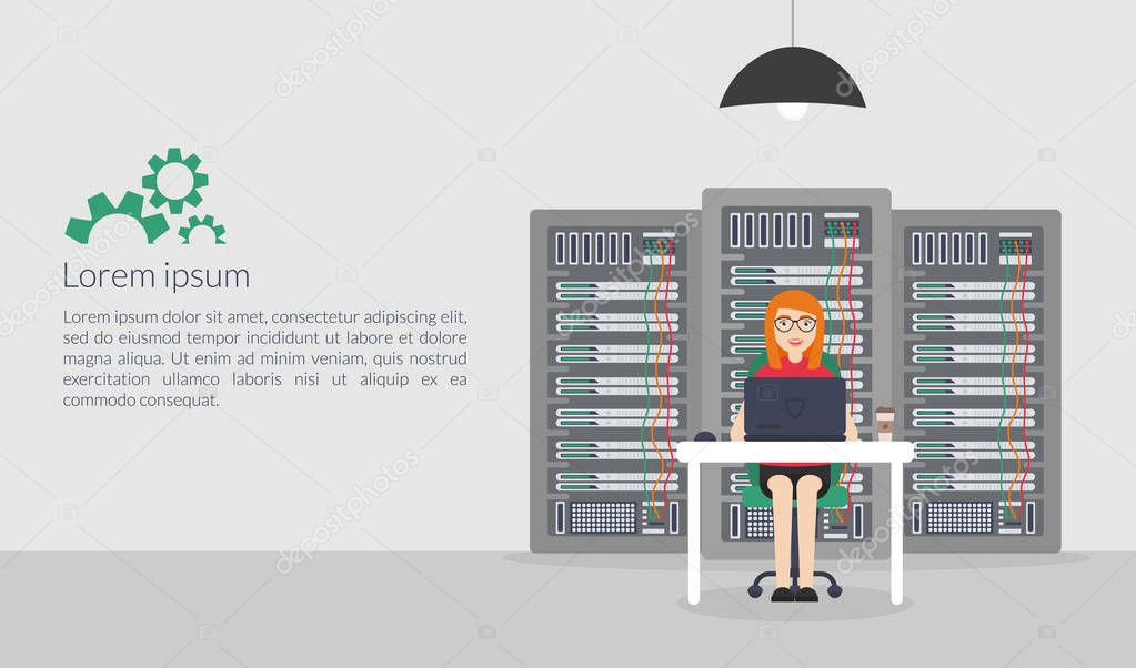 Woman System Administrator. Vector illustration in flat style. Technologies Server Maintenance Support Descriptions.