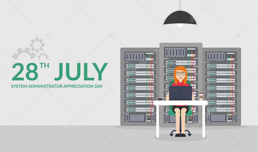 Web Banner. Woman System Administrator. Vector illustration in flat style. Technologies Server Maintenance Support Descriptions.