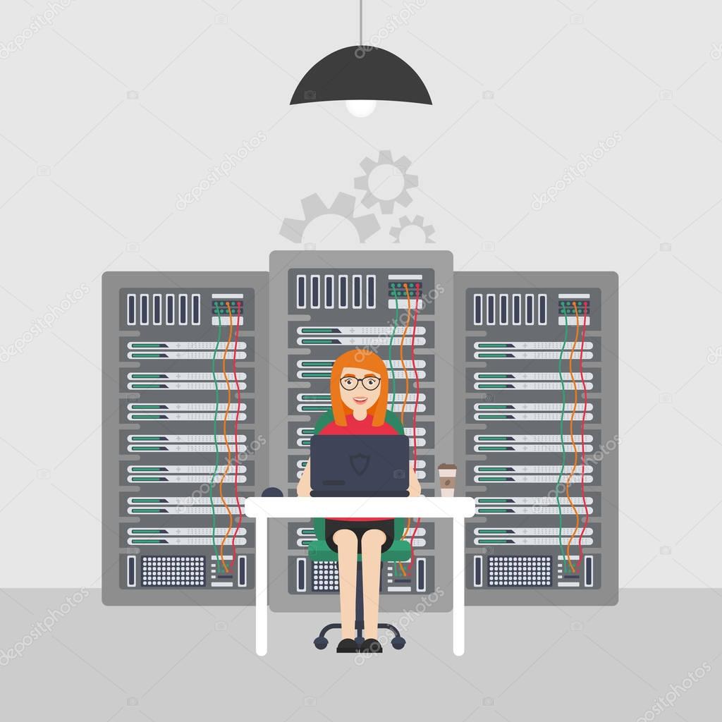 Woman System Administrator. Technologies Server Maintenance Support Descriptions. Vector illustration in flat style.