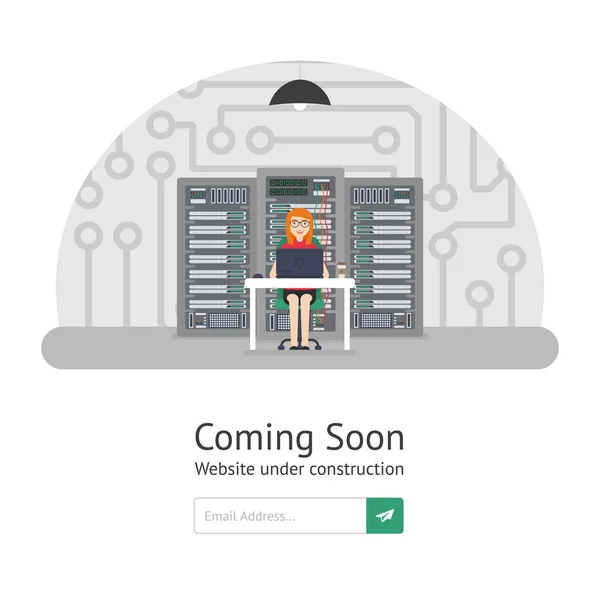 Administradora de sistemas. El sitio web está en reconstrucción. Plantilla del sitio web. Muy pronto. Ilustración vectorial en estilo plano moderno . — Archivo Imágenes Vectoriales