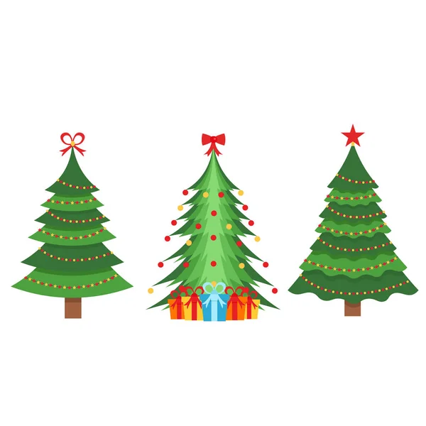 Noel yeşil çam ağaçları güzel bir dizi renkli çelenk ile dekore edilmiştir. Beyaz bir arka plan üzerinde vektör çizim. Telifsiz Stok Illüstrasyonlar