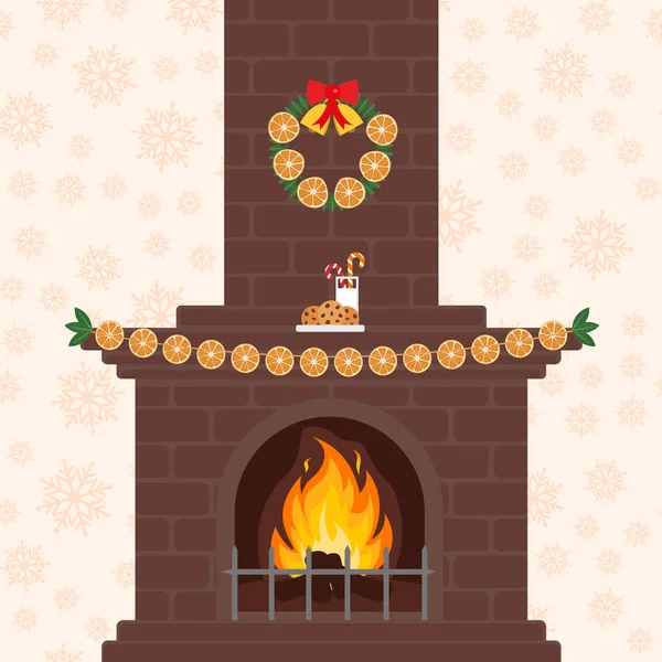 カラフルな漫画フラット スタイルでクリスマス暖炉。オレンジのガーランド。メリー クリスマスと新年あけましておめでとうございます. — ストックベクタ