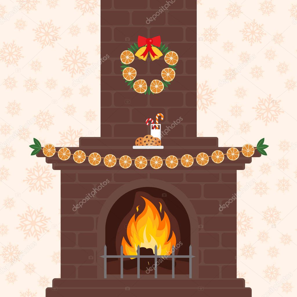 Christmas fireplace in colorful cartoon flat style. Orange garland. Merry Christmas and happy New year.