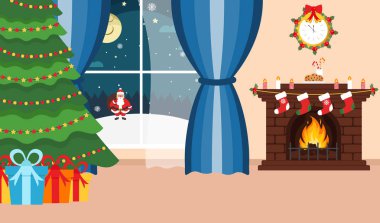 Noel odası. Noel Baba pencerenin dışında. Kış tatili. Şömine, Noel ağacı ve hediyeler. Happy New Year ve Noel. Vektör çizim.