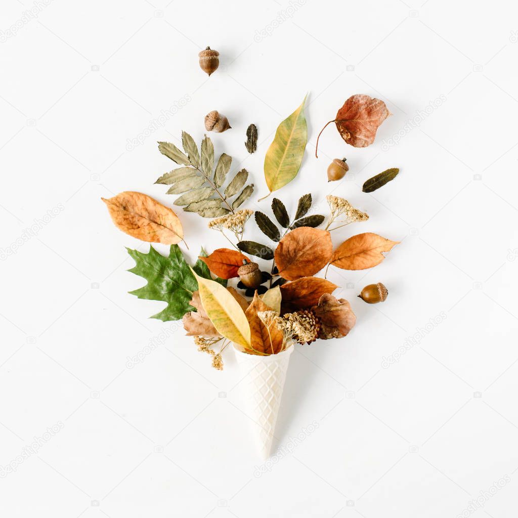 waffle cone with dried autumn leaves