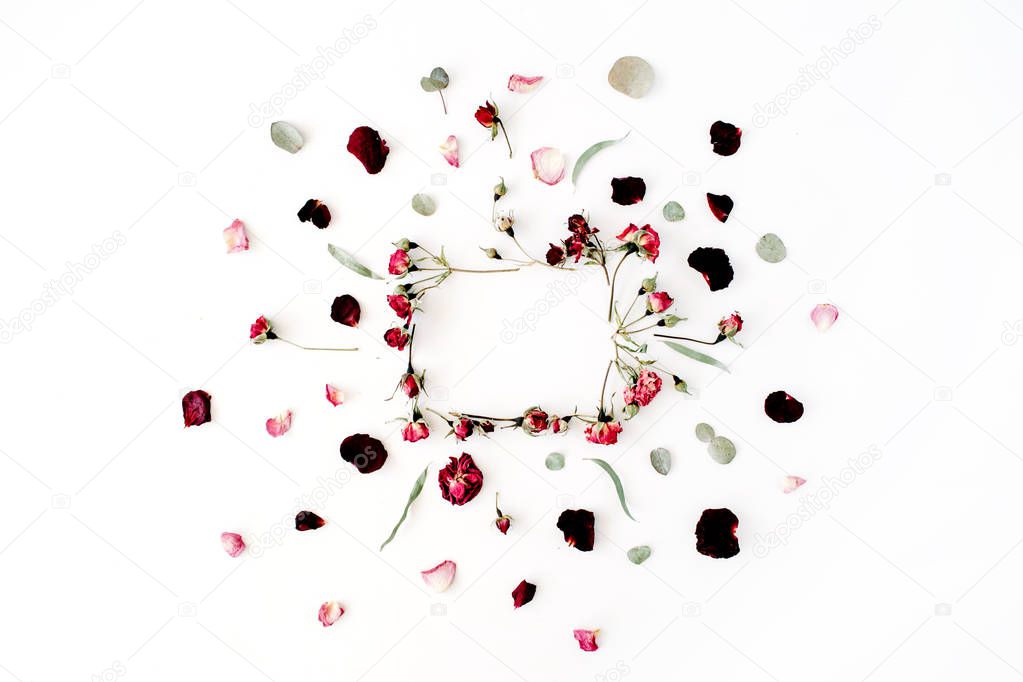 wreath frame with roses, eucalyptus, branches, leaves and petals