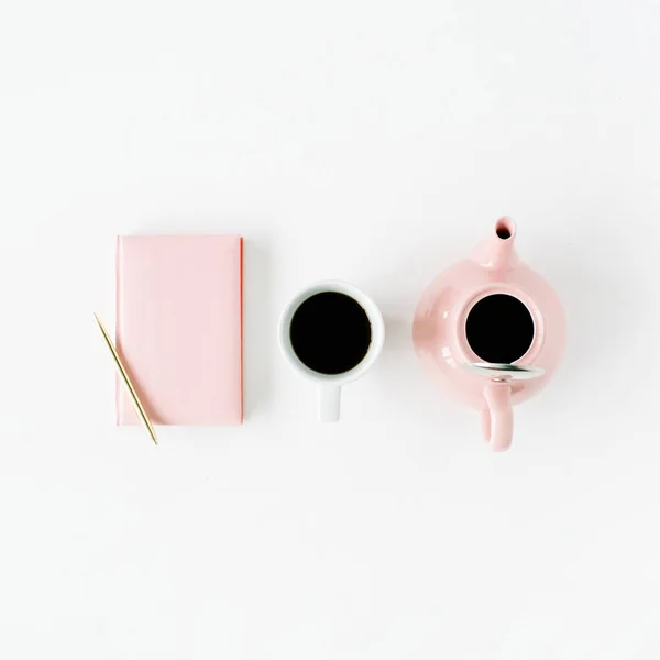 Pink diary, teapot, coffee mug and golden pen — Stock Photo, Image