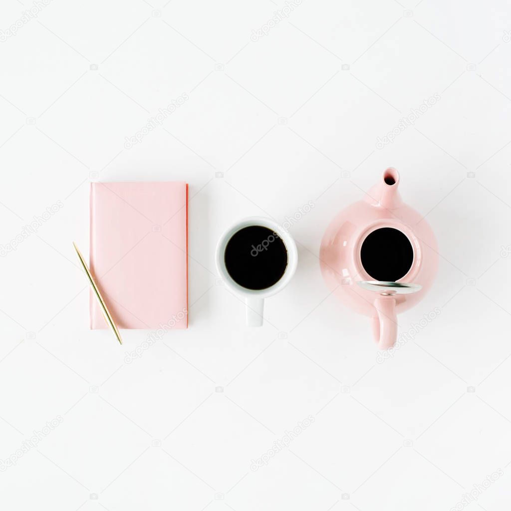 pink diary, teapot, coffee mug and golden pen