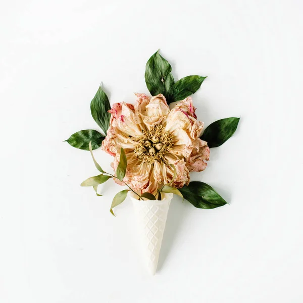 Waffle cone with dried beige peony