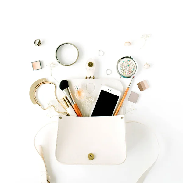 Feminine arrangement with phone, accessories, purse, cosmetics — Stock Photo, Image