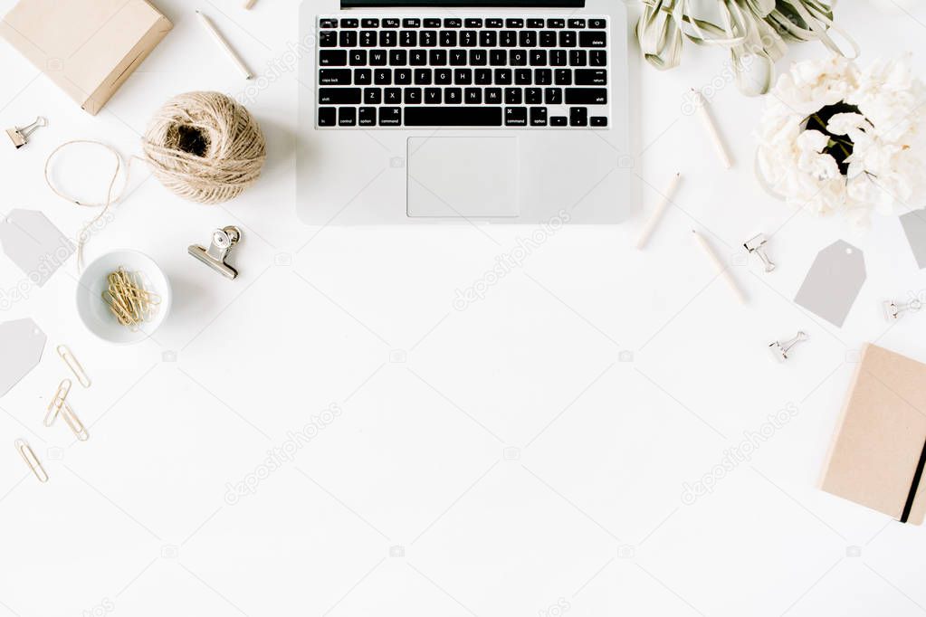 Trendy flat lay minimal feminine workspace