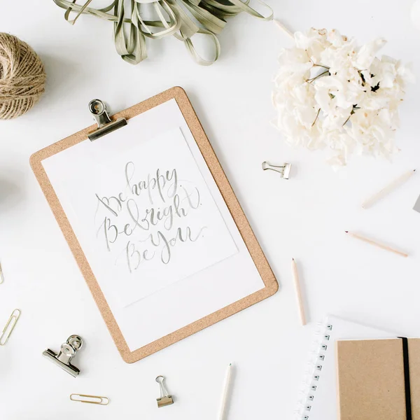 Trendy flat lay minimal feminine workspace — Stock Photo, Image