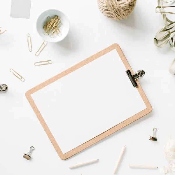 Trendy flat lay minimal feminine workspace — Stock Photo, Image