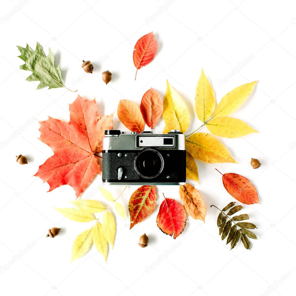 Trendy flat lay composition with autumn leaf