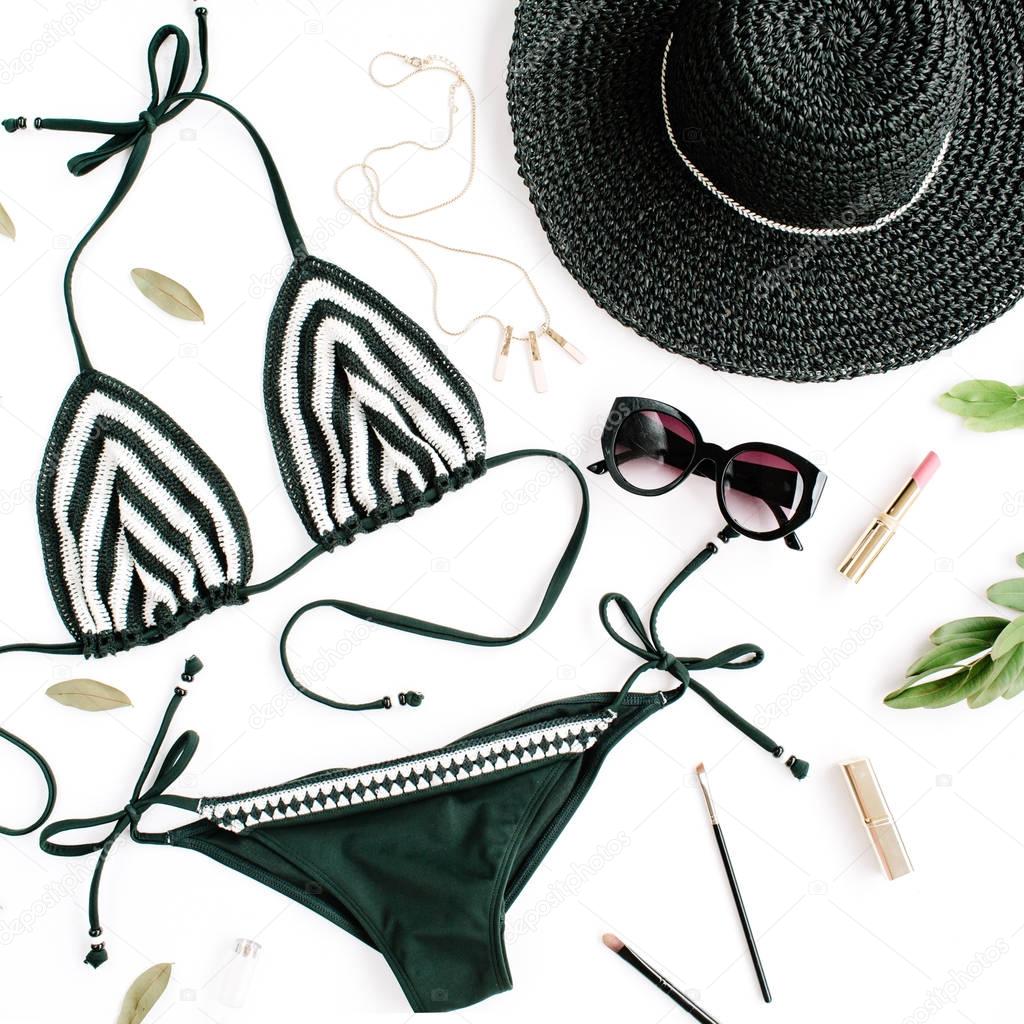female summer bikini swimsuit accessories collage on white with hat, green branches, necklace and sunglasses