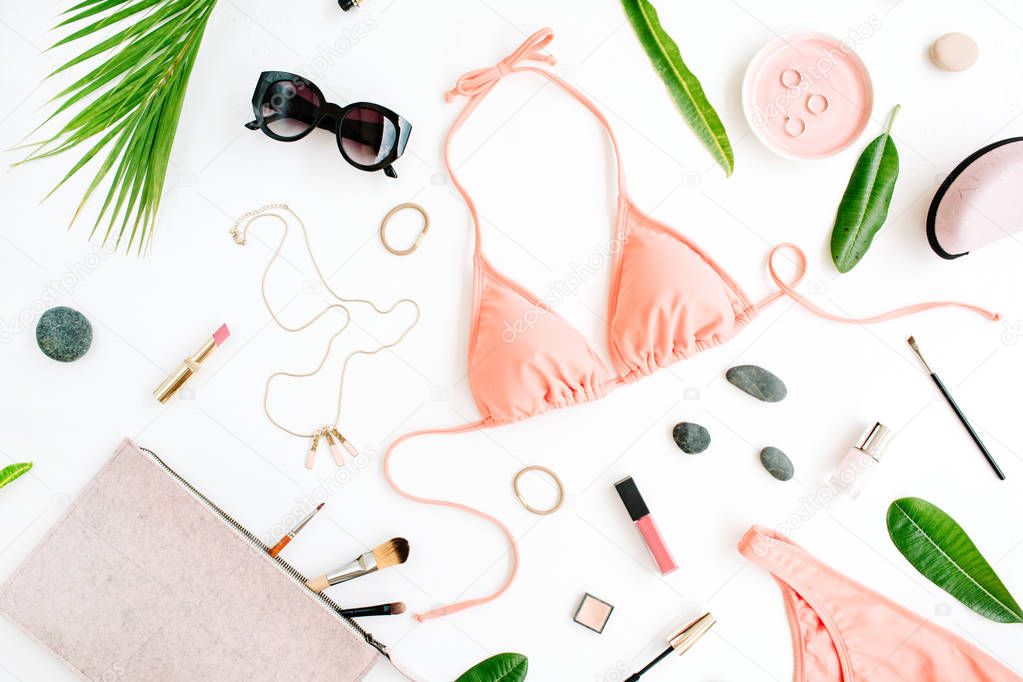 female summer bikini swimsuit and accessories collage