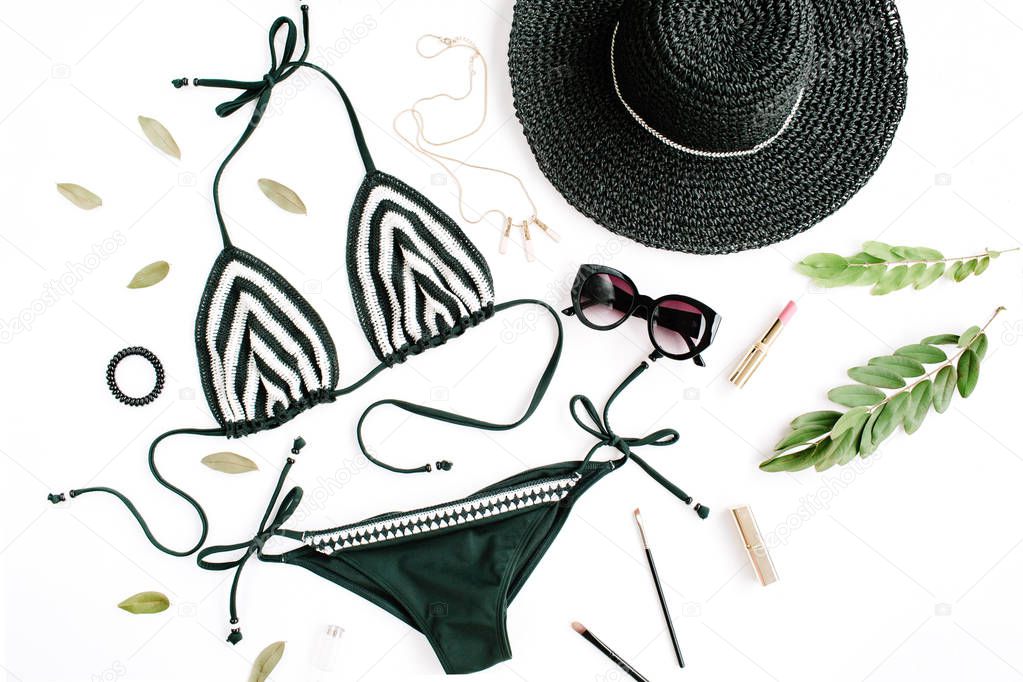 female summer bikini swimsuit accessories collage