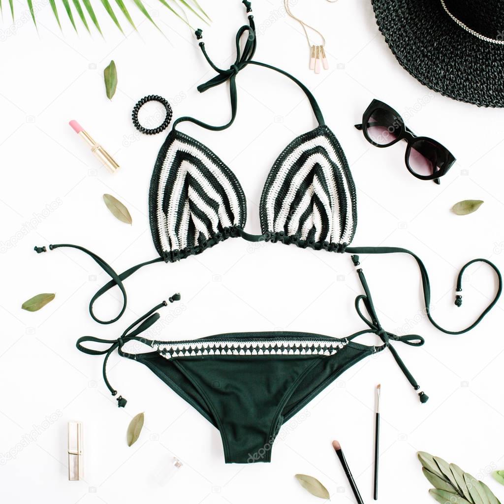 Female summer bikini swimsuit accessories collage