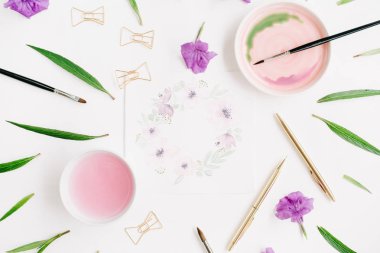 Çiçek çelenk çerçeve suluboya ile boyalı