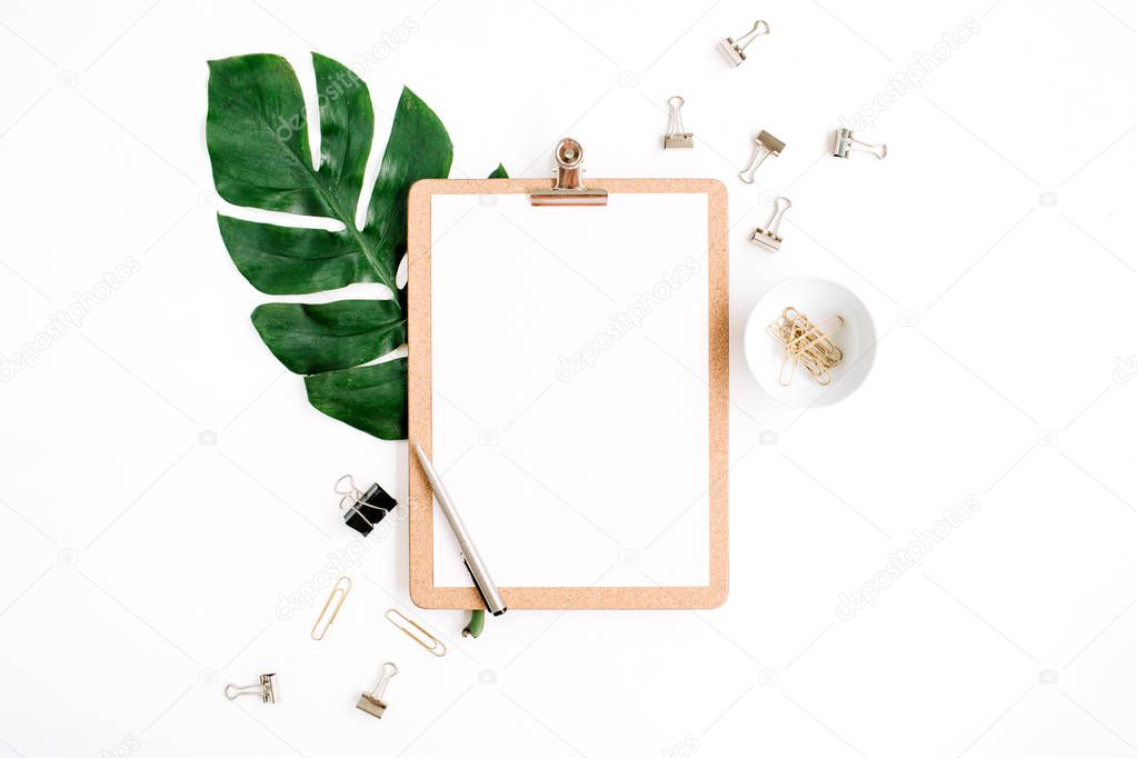 Mockup with clipboard, palm leaf and clips